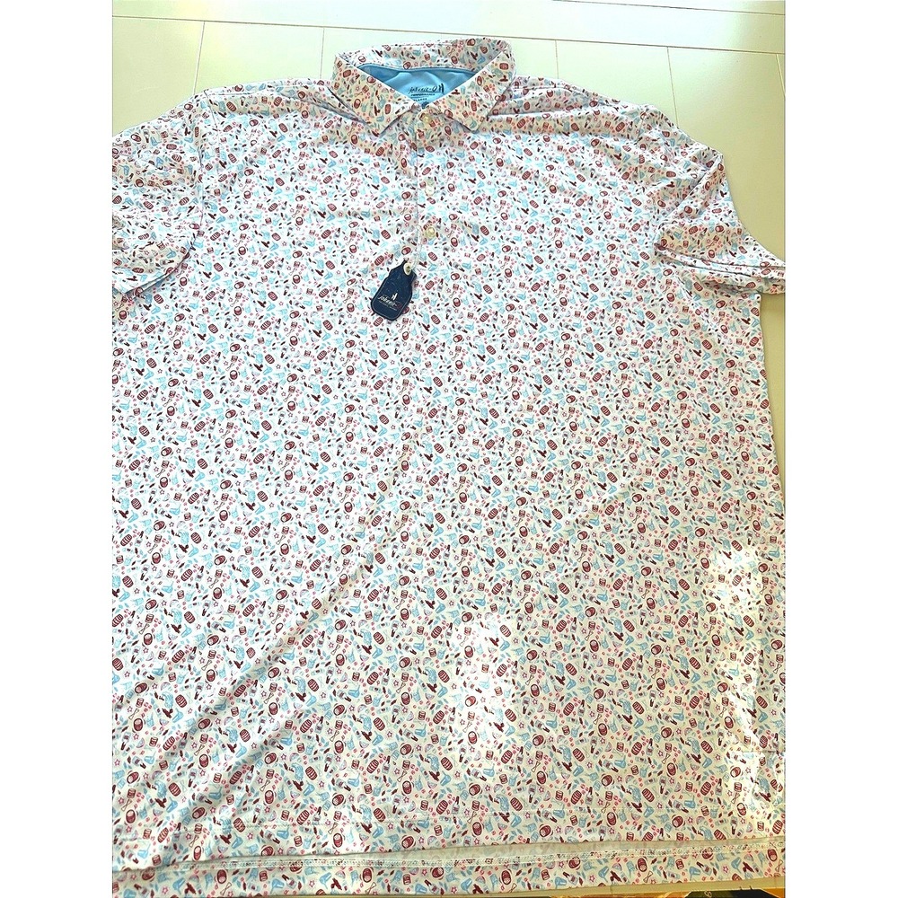 HTF johnnie-O Performance Polo XXL White Bourbon Cocktail Print UPF 50 Stretch